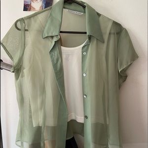 Sheer Green Shirt with White Tank Top